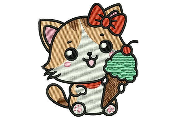 Ice Cream Kitten Embroidery Design