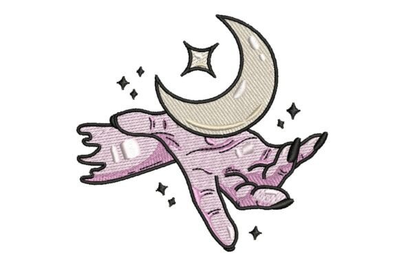 Mystical Hand Holding Crescent Moon Embroidery Design