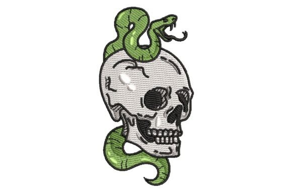 Tattoo Style Skull with Green Snake Embroidery